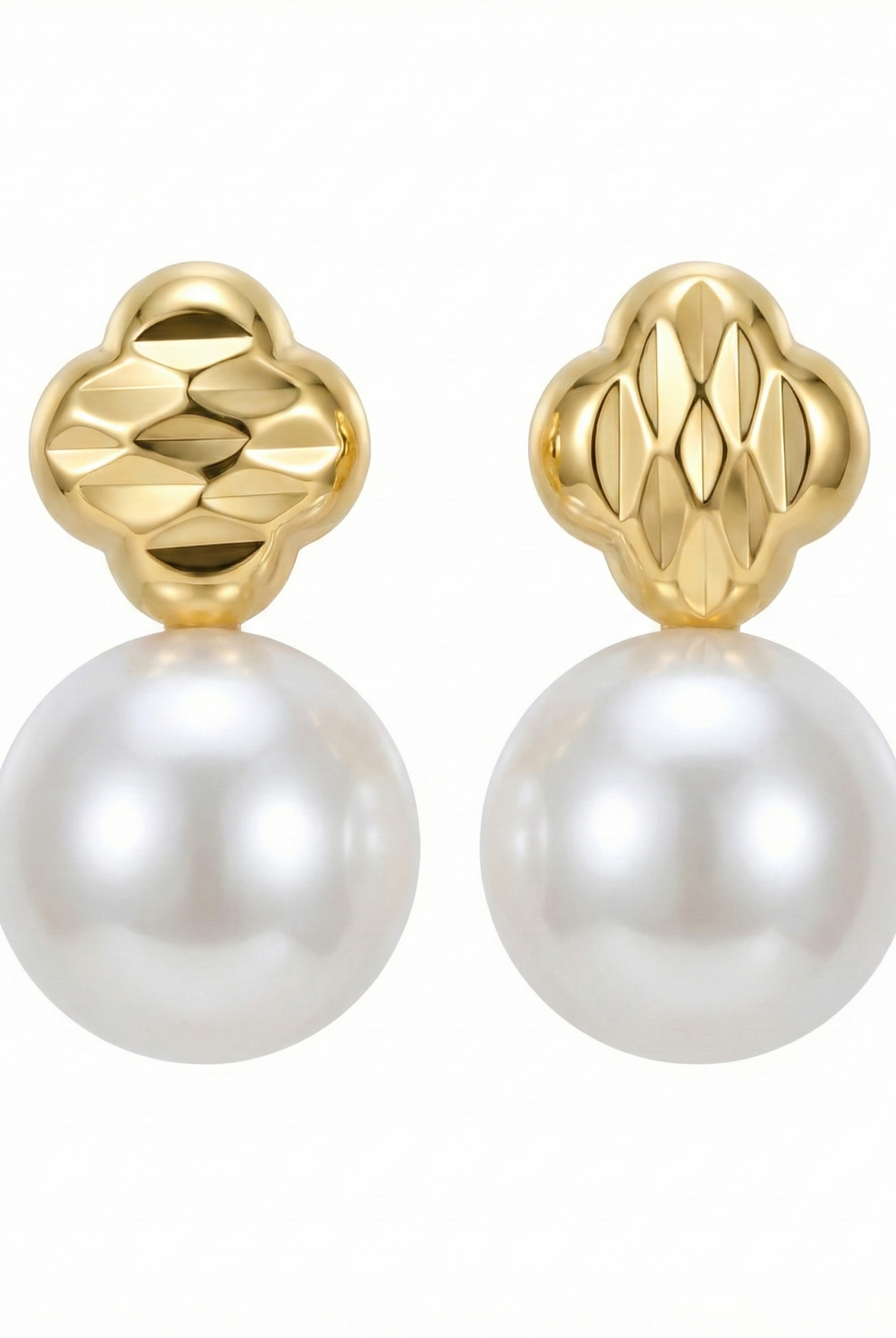 Gold-tone clover flower pearl drop earrings with round white pearl