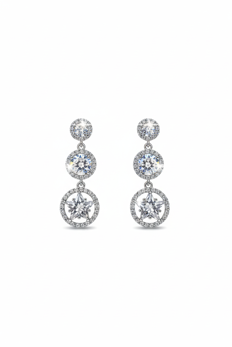 Silver-tone triple round stone drop earrings with three dangling crystal discs.