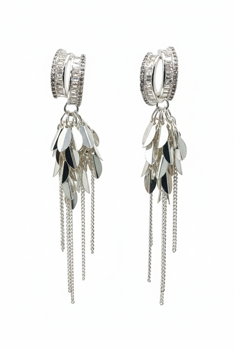 Silver-tone hoop earrings with long chain tassel fringe and leaf charms