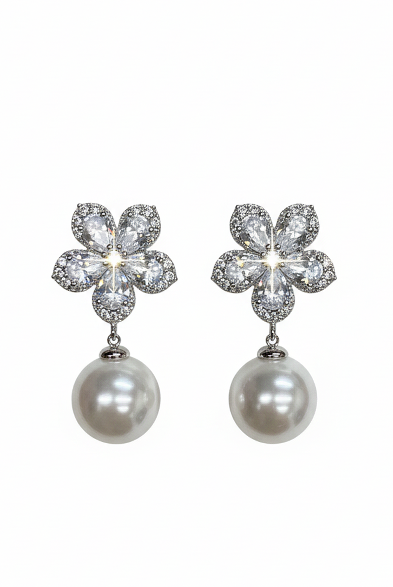 Silver-tone crystal flower pearl drop earrings with round gray pearl dangles