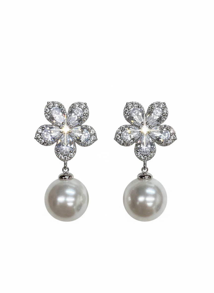 Silver-Tone Crystal Flower Pearl Drop Earrings - RM016