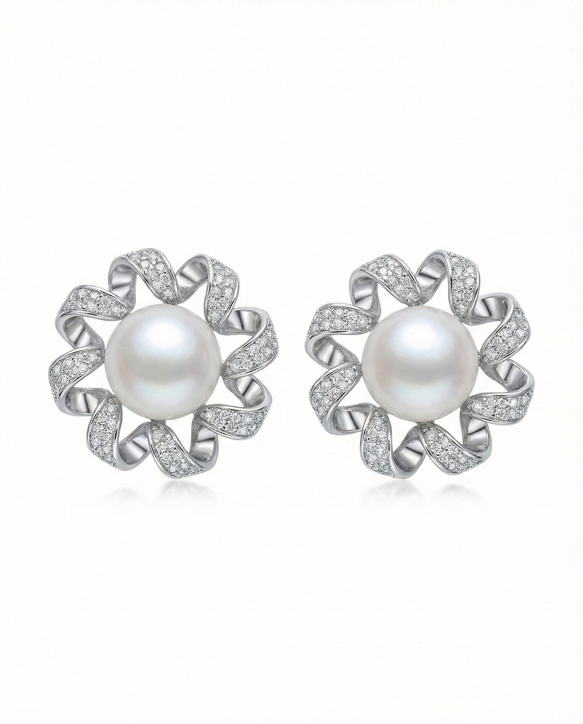 Silver-Tone Spiral Flower Pearl Stud Earrings - RM011