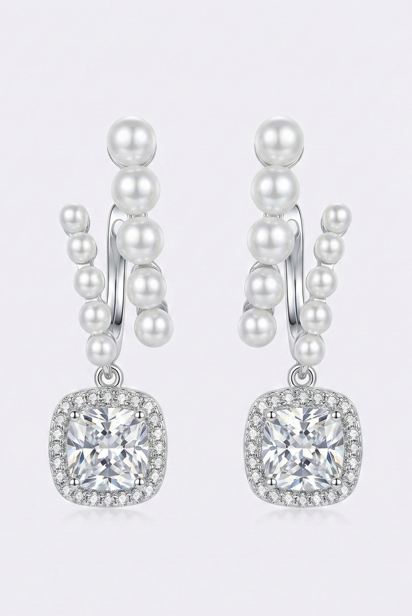 Silver-tone pearl and crystal drop earrings with cushion-cut center stone