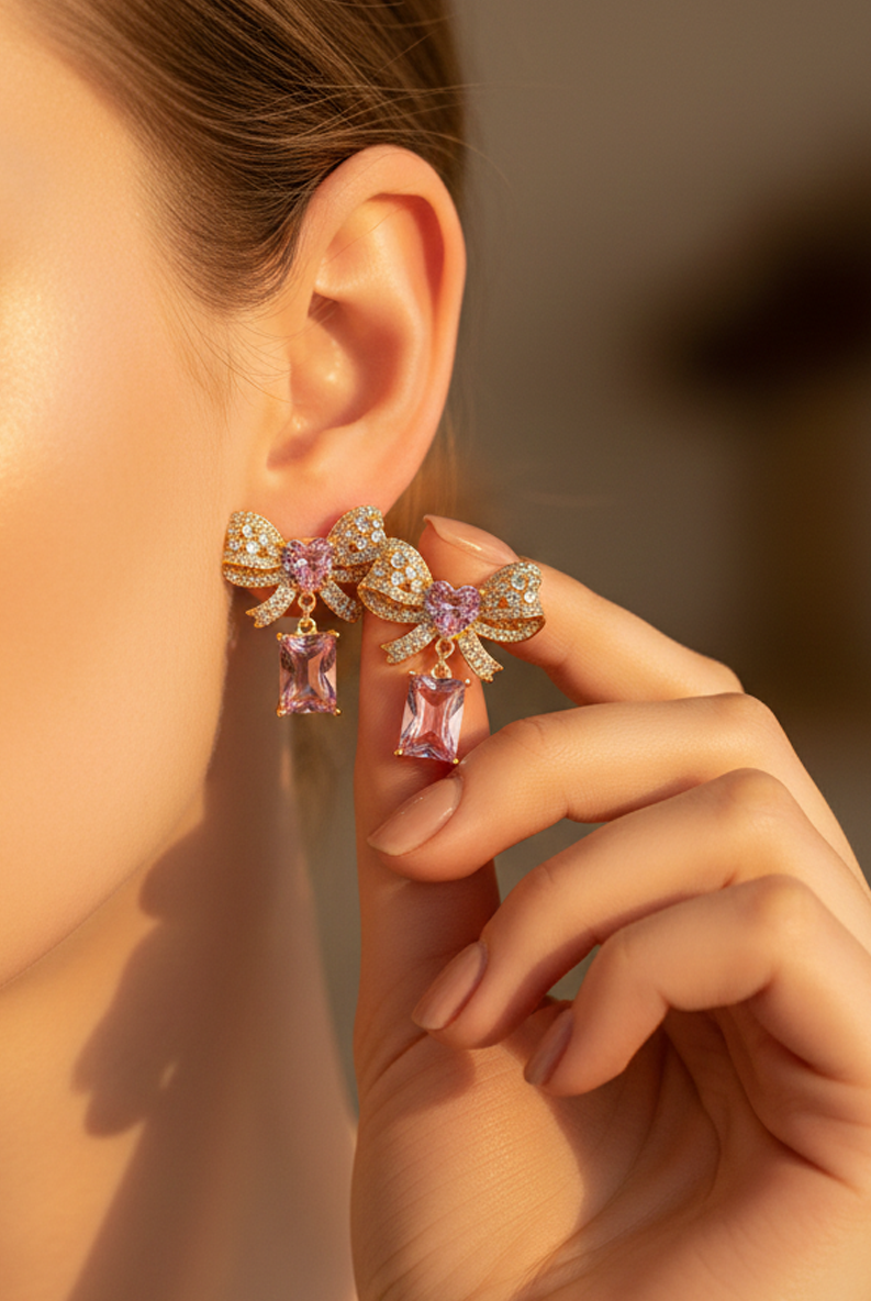 Close-up of gold-tone bow knot earrings with faceted pink stone drops