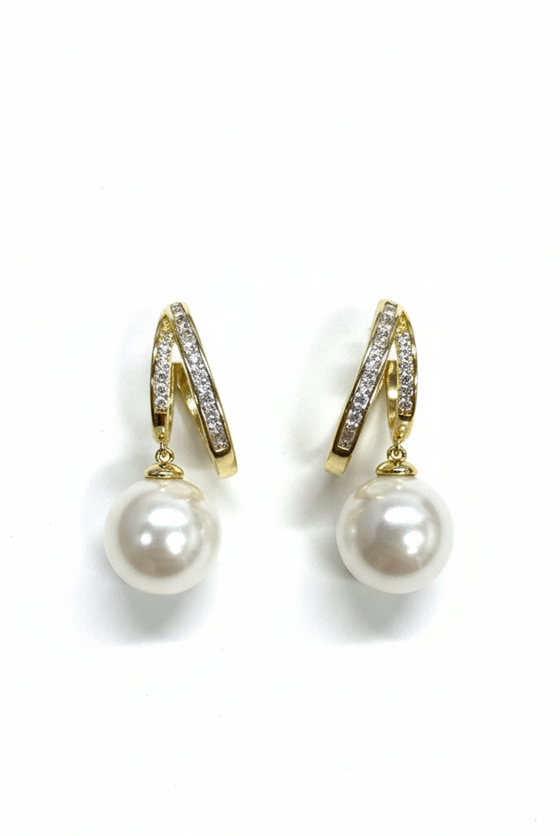 Gold-tone huggie hoop earrings with pearl drops and pavé rhinestone detailing