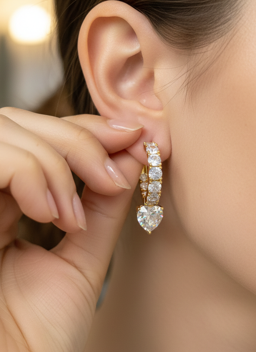 Tiny Gold-Tone Huggie Hoops with Heart Charm - RM022