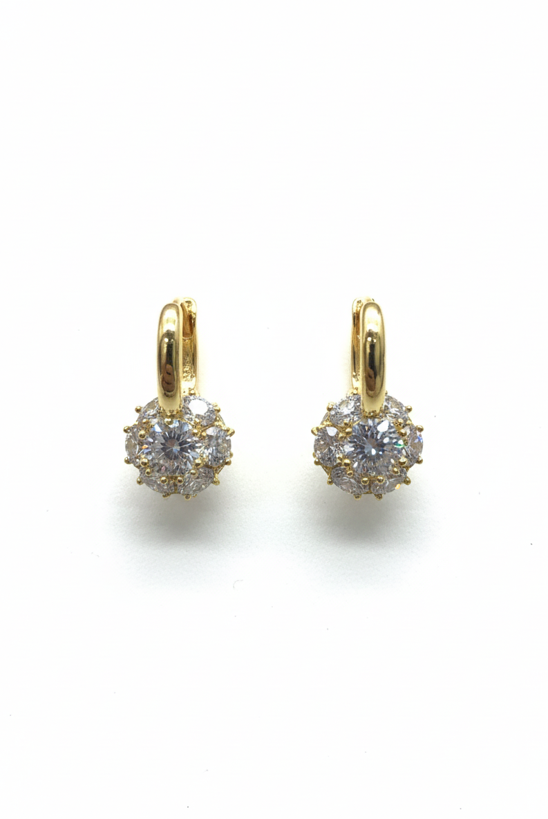 Gold-tone mini huggie hoop earrings with crystal solitaire drop, round halo