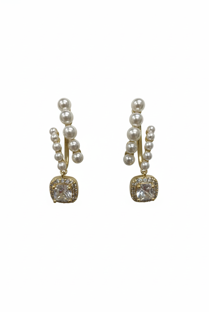 Gold-tone geometric drop earrings with pearl beads and rectangular pave crystal dangles