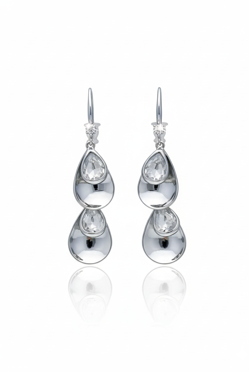 Polished silver-tone double teardrop earrings with clear faceted stones, drop design