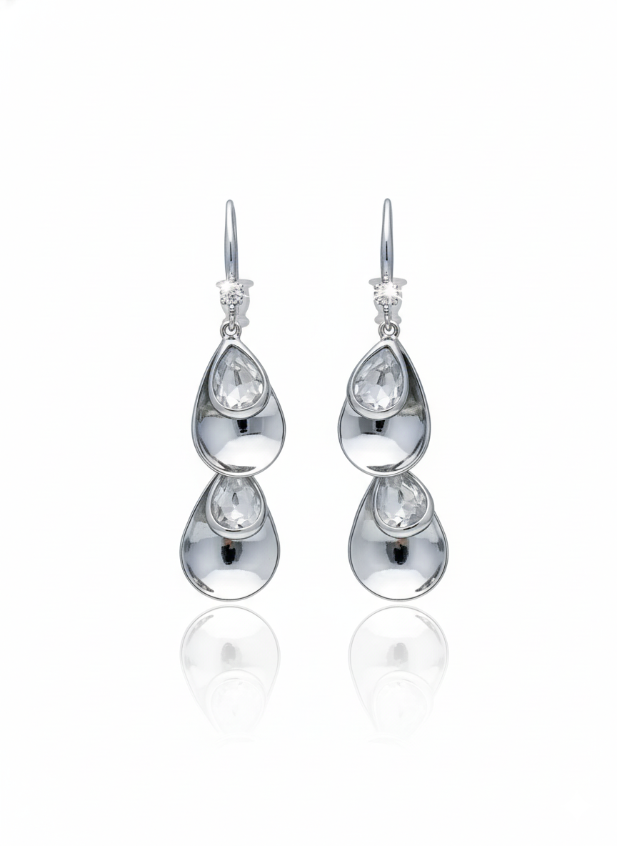 Polished silver-tone double teardrop earrings with clear faceted stones, drop design