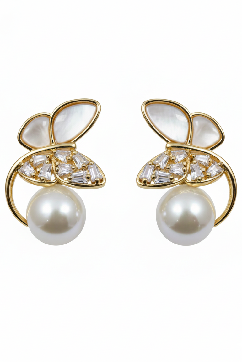Gold-tone butterfly pearl drop earrings with white shell and crystal pavé details