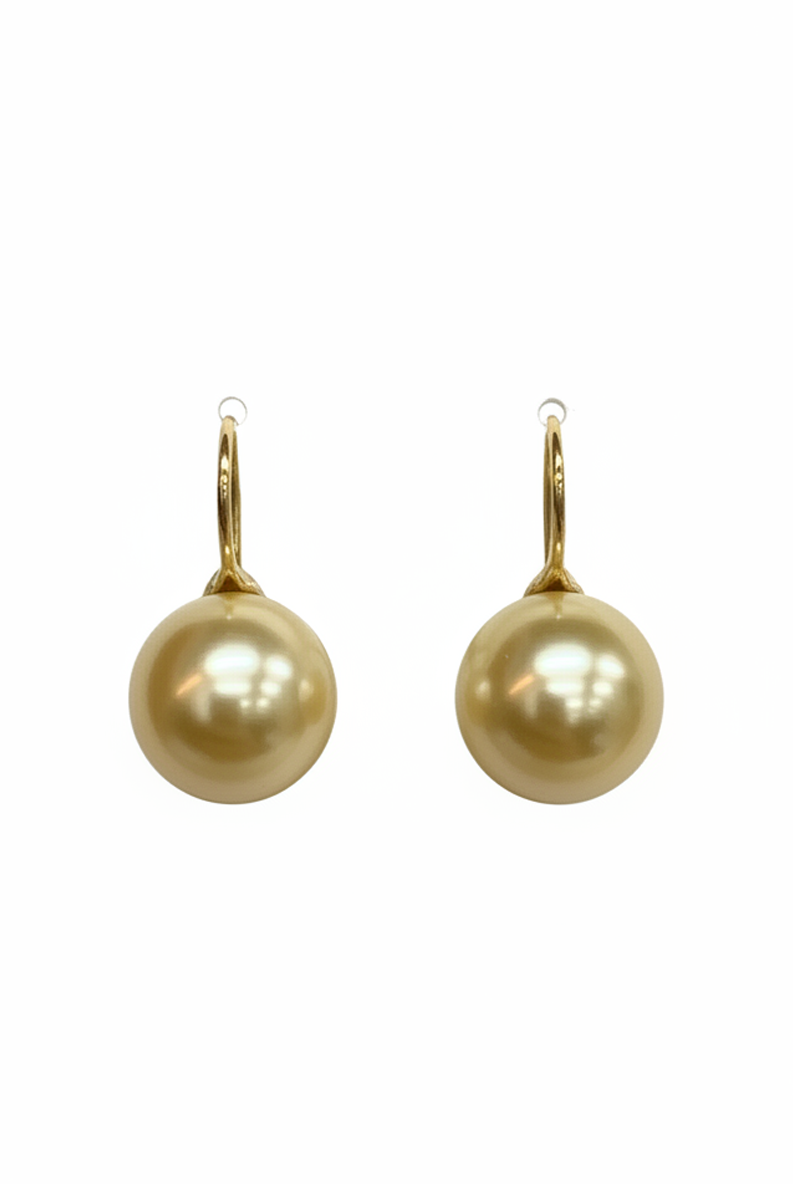 Gold pearl drop earrings with French hooks and round bead pearls