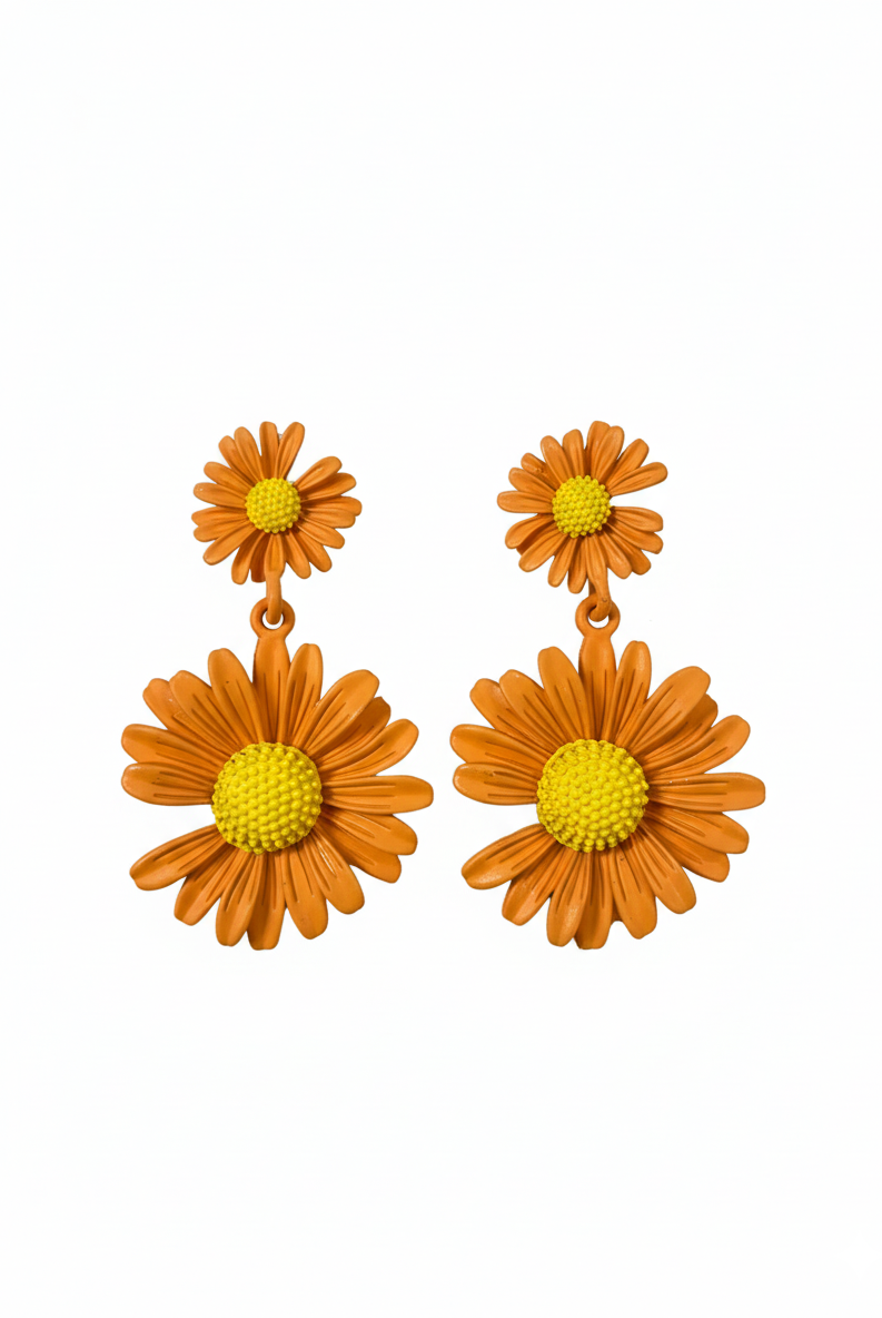 Orange daisy flower drop stud earrings with yellow centers