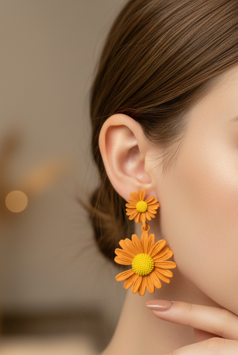Orange daisy flower drop stud earrings on model ear with yellow centers