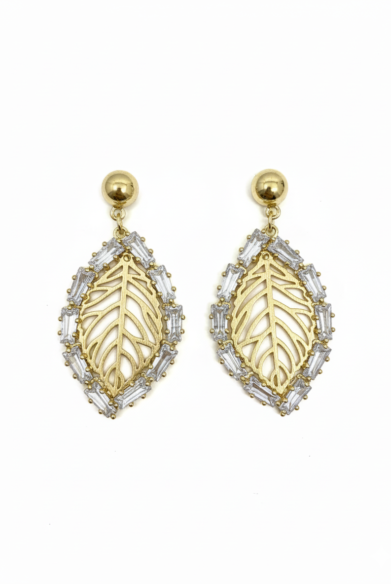 Gold-tone teardrop leaf pearl drop earrings with beaded border