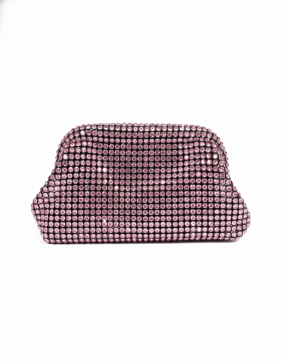 Pink crystal mesh pouch clutch bag with sparkly rhinestones, rounded top