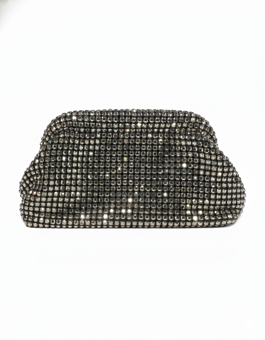 Silver-tone crystal mesh pouch clutch bag with sparkly rhinestones, rounded top