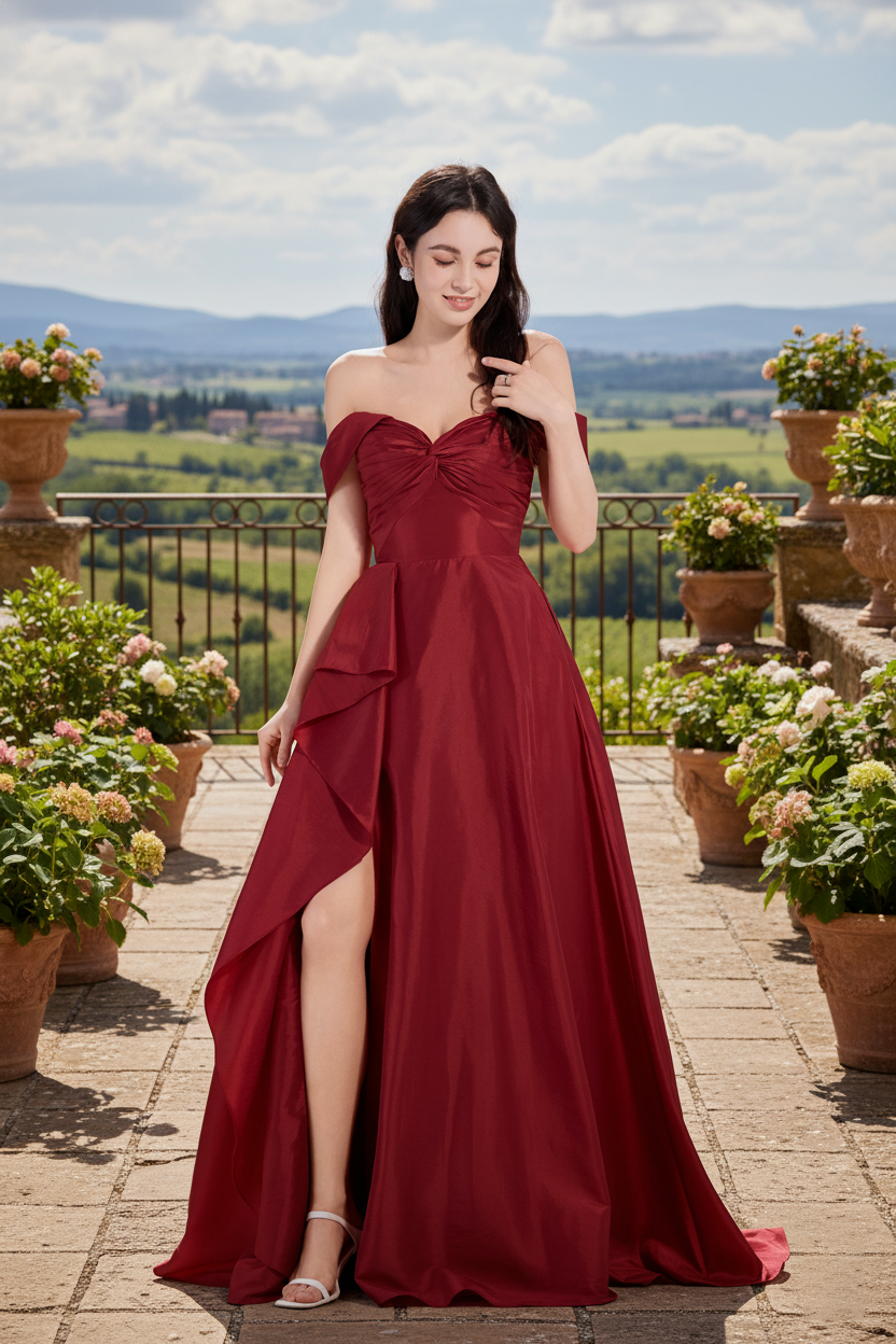 off-the-shoulder A-line prom dress