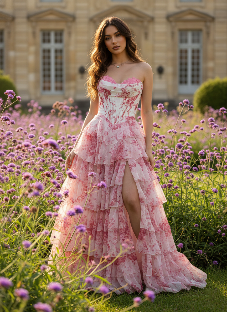 Floral Printed Organza Tiered Ruffle Ball Gown with Sweetheart Corset Bodice - TFB 8075B | blissfulprom