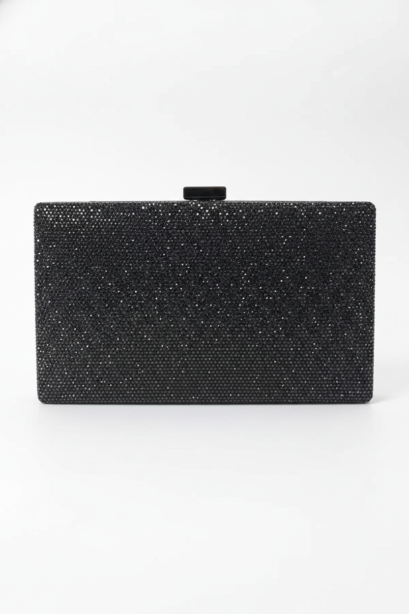 Black crystal-embellished box clutch with top clasp, rectangular silhouette.