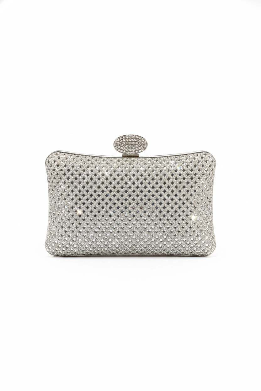 Silver glitter box clutch with oval clasp and rhinestone mesh panel