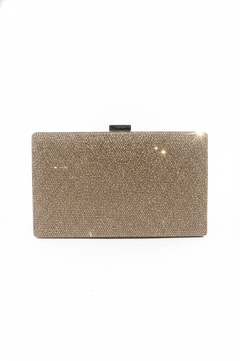 Champagne crystal-embellished box clutch with top clasp, rectangular silhouette.
