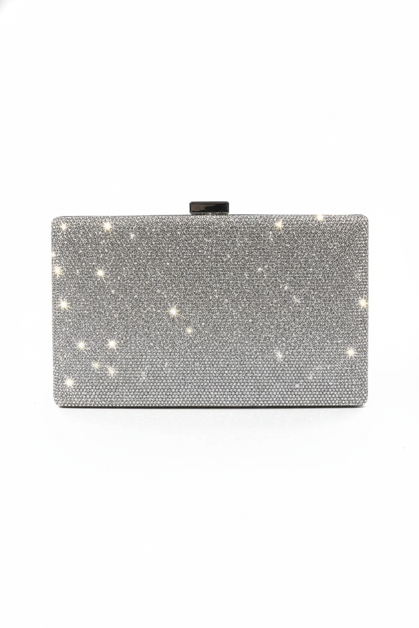 Silver crystal-embellished box clutch with top clasp, rectangular silhouette.