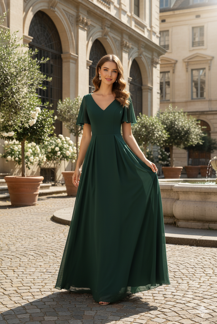 V-Neck Chiffon Prom Dress with Short Flutter Sleeves & A-Line Silhouette – TFB6014