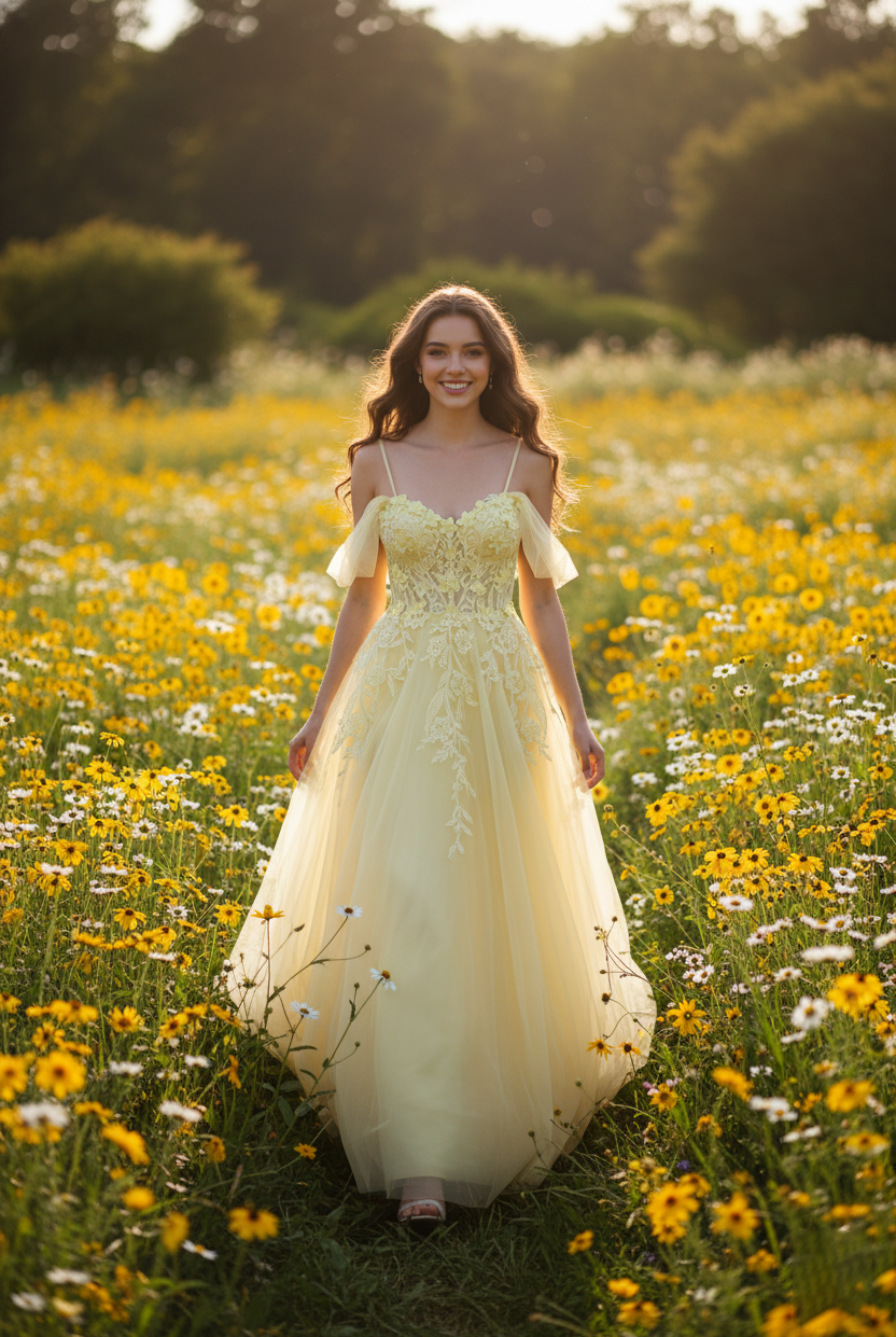 Floral Lace Appliques Tulle Off-the-Shoulder A-Line Prom Dress TFB 8001 | blissfulprom