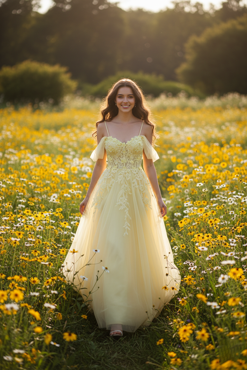 Yellow lace tulle off-the-shoulder A-line prom dress with floral appliques