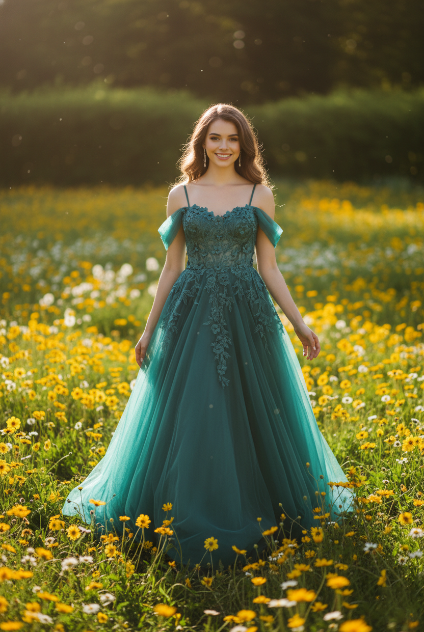 Floral Lace Appliques Tulle Off-the-Shoulder A-Line Prom Dress TFB 8001 | blissfulprom