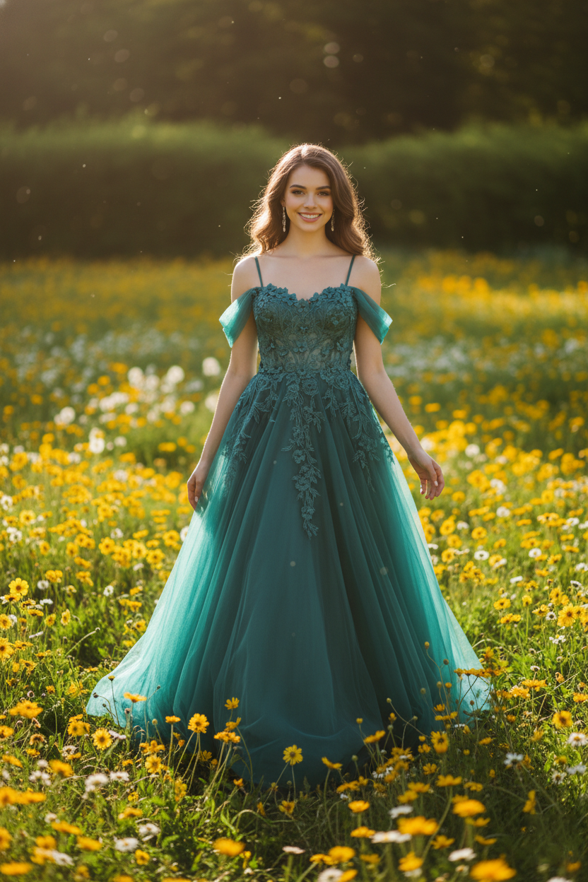 Teal lace tulle off-the-shoulder A-line prom dress with floral bodice details