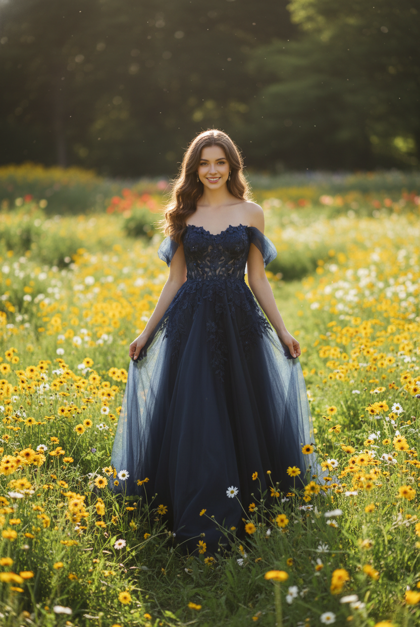 Floral Lace Appliques Tulle Off-the-Shoulder A-Line Prom Dress TFB 8001 | blissfulprom