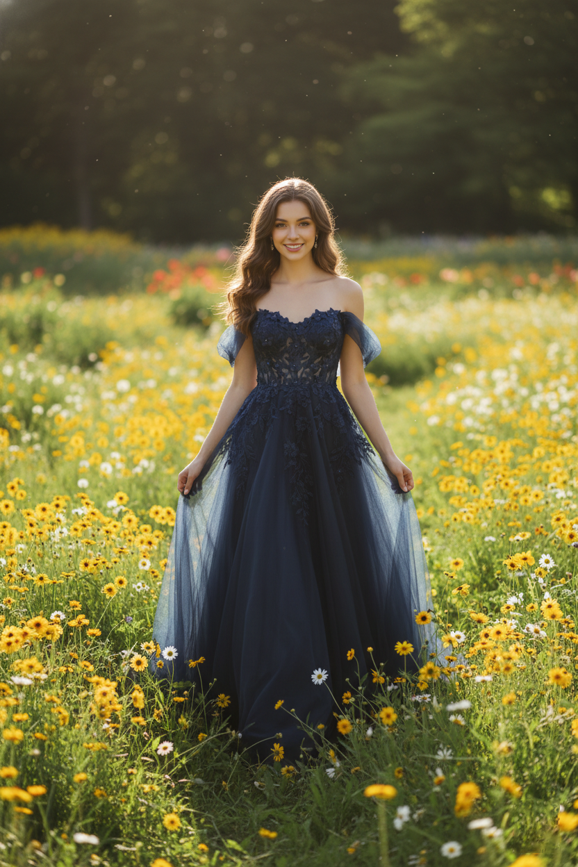 Navy off-shoulder A-line prom dress with floral lace bodice and tulle skirt