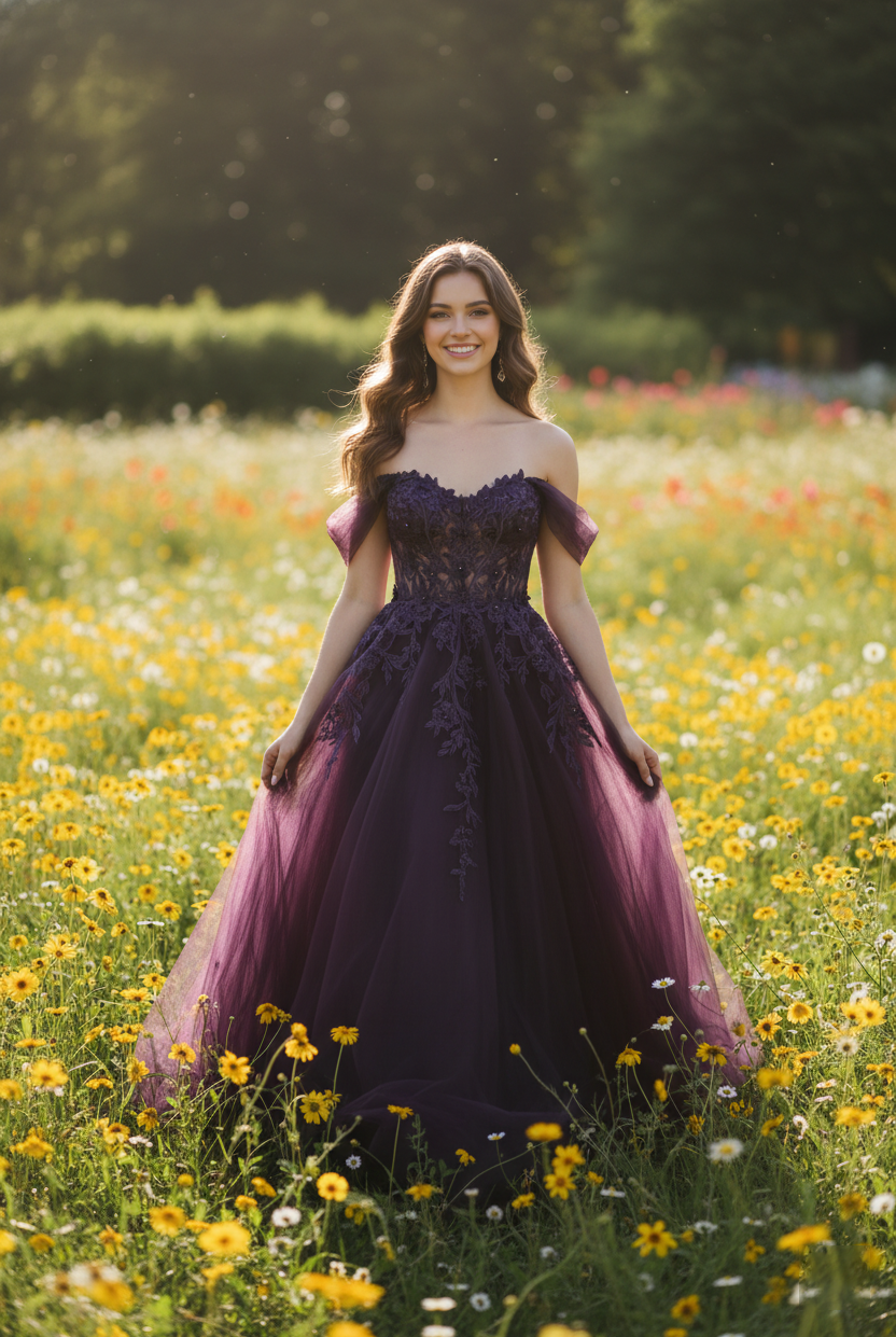 Floral Lace Appliques Tulle Off-the-Shoulder A-Line Prom Dress TFB 8001 | blissfulprom