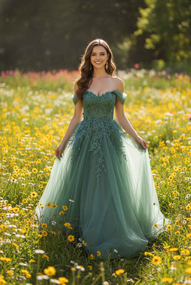 Floral Lace Appliques Tulle Off-the-Shoulder A-Line Prom Dress TFB 8001 | blissfulprom