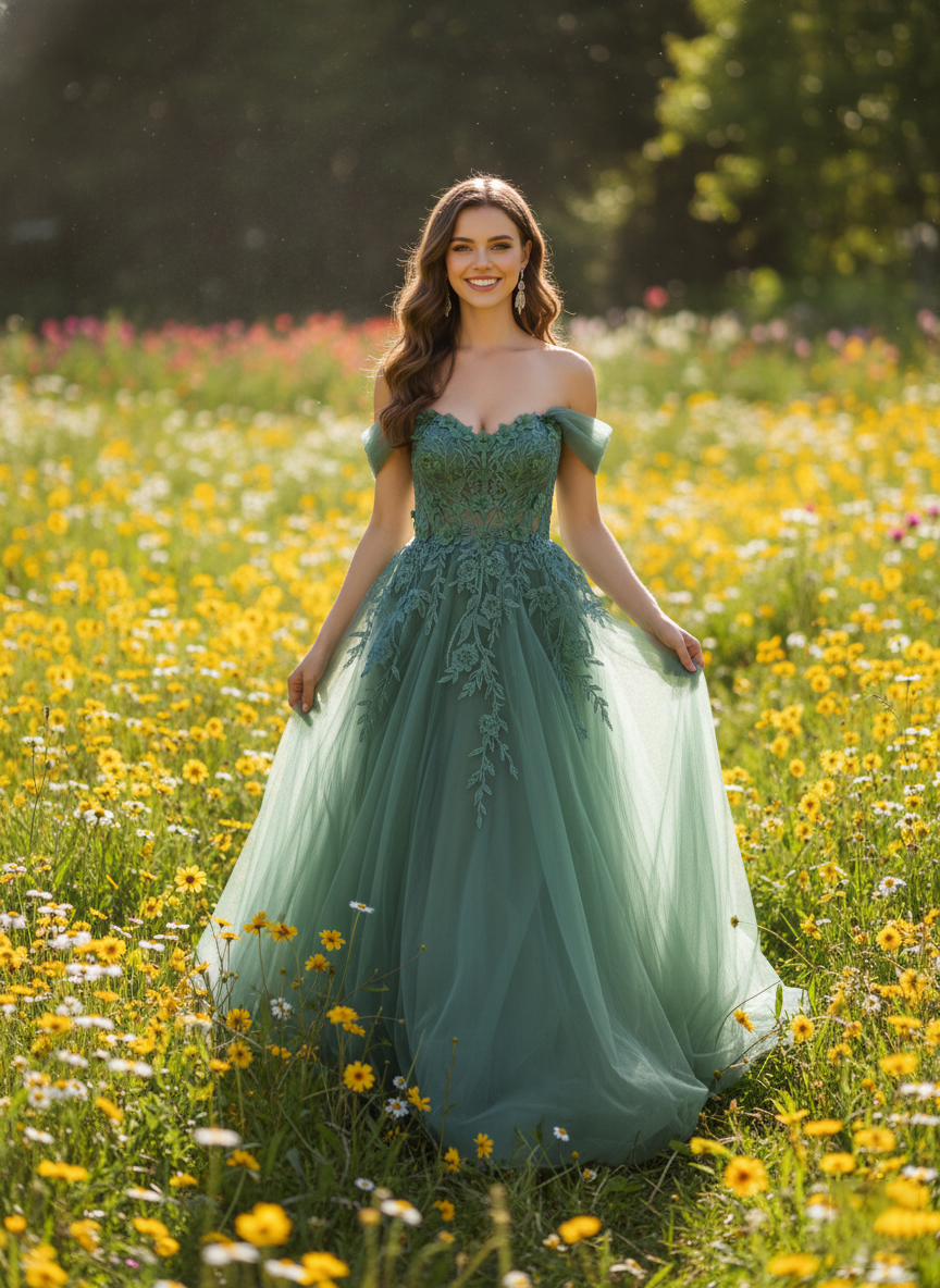 Teal green lace tulle off-the-shoulder A-line prom dress with floral appliques