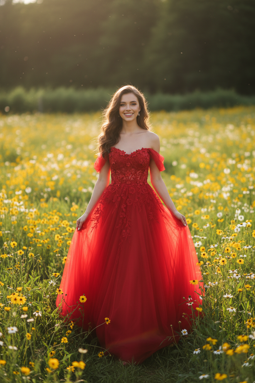 Red off-shoulder A-line prom dress with floral lace bodice and tulle skirt