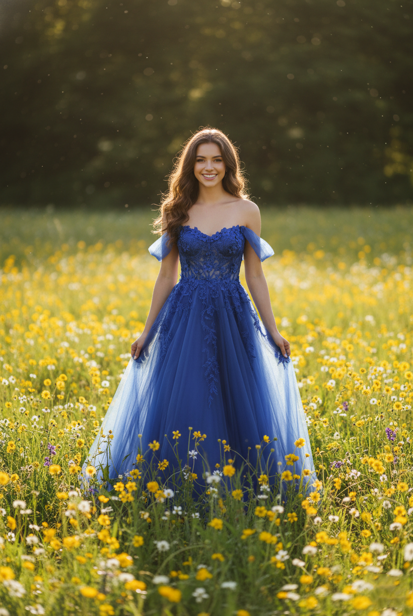 Floral Lace Appliques Tulle Off-the-Shoulder A-Line Prom Dress TFB 8001 | blissfulprom