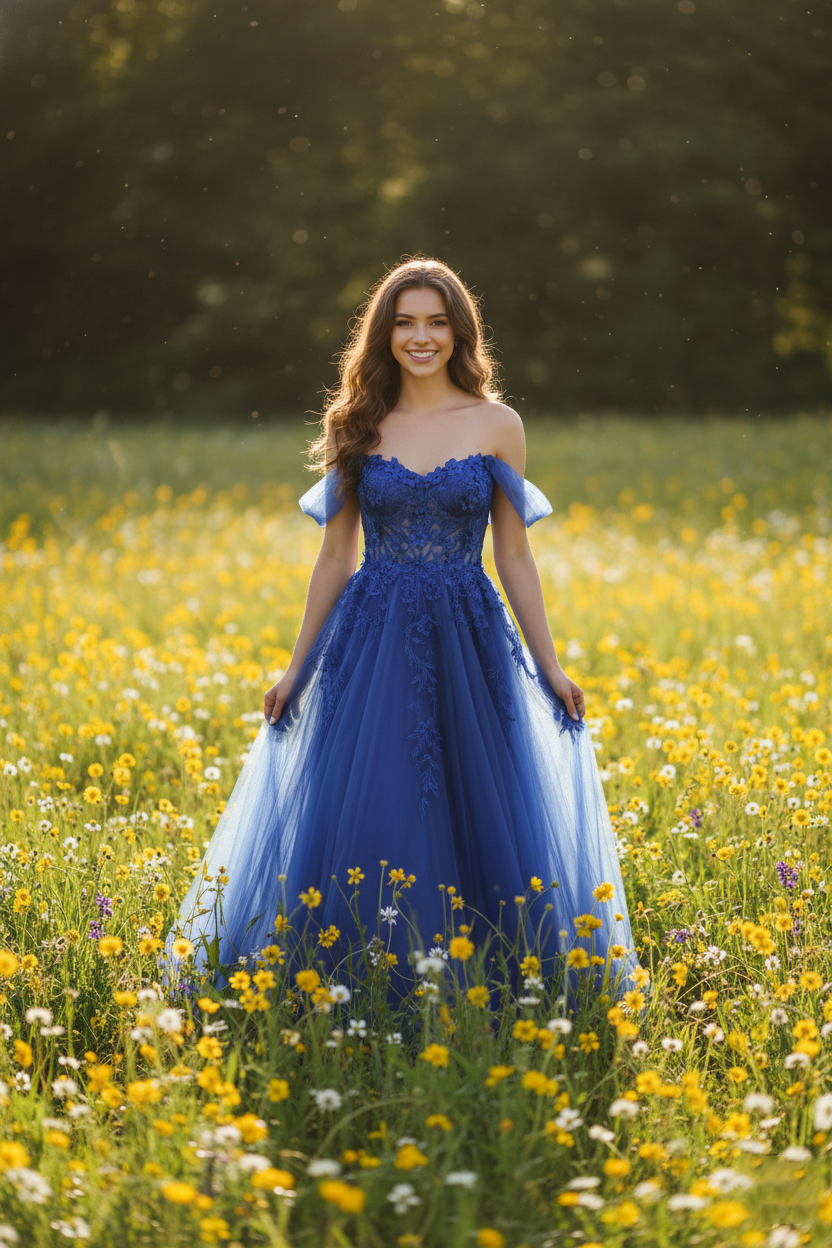 Royal blue off-shoulder A-line prom dress with floral lace bodice and tulle skirt
