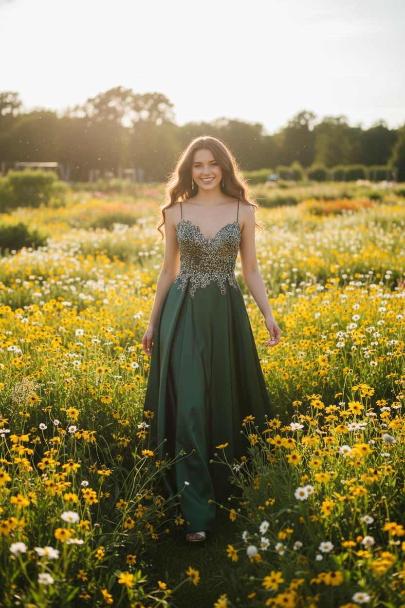 Green satin A-line prom dress with beaded bodice and thin spaghetti straps