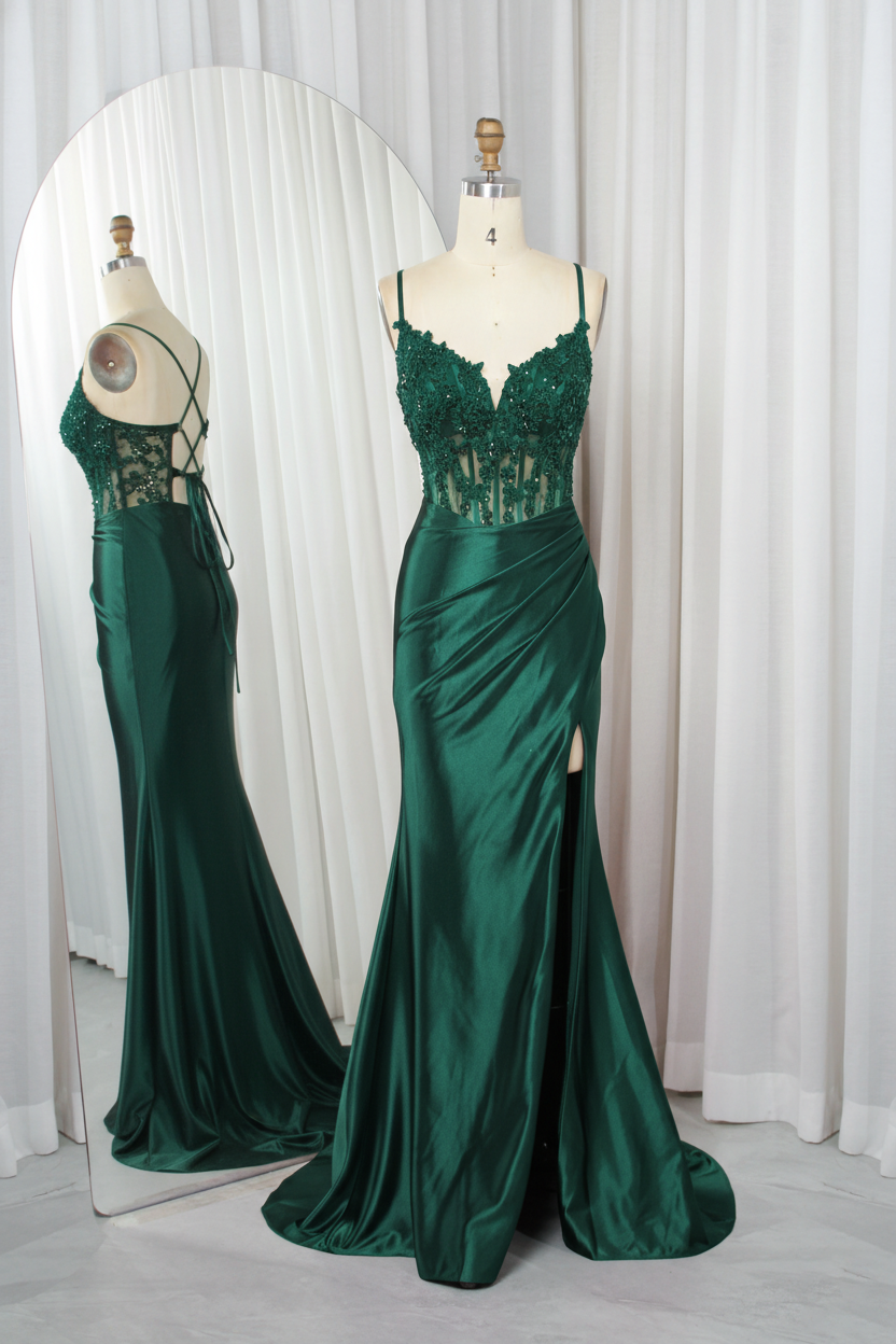 Emerald green lace corset satin mermaid prom dress with high slit