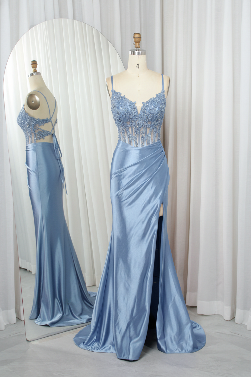 Light blue lace corset satin mermaid prom dress with high slit