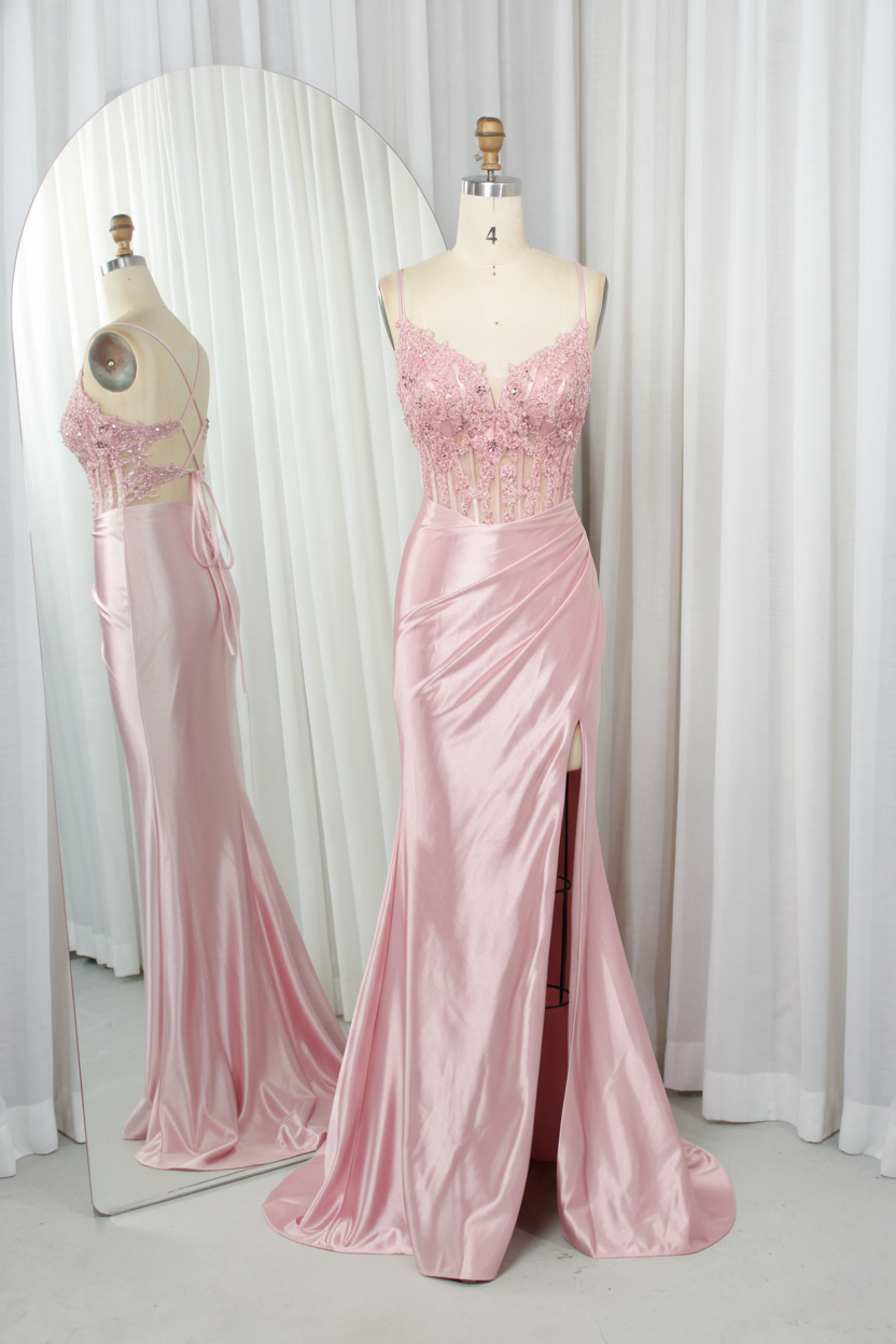 Blush pink satin mermaid prom dress with sheer lace corset and side slit