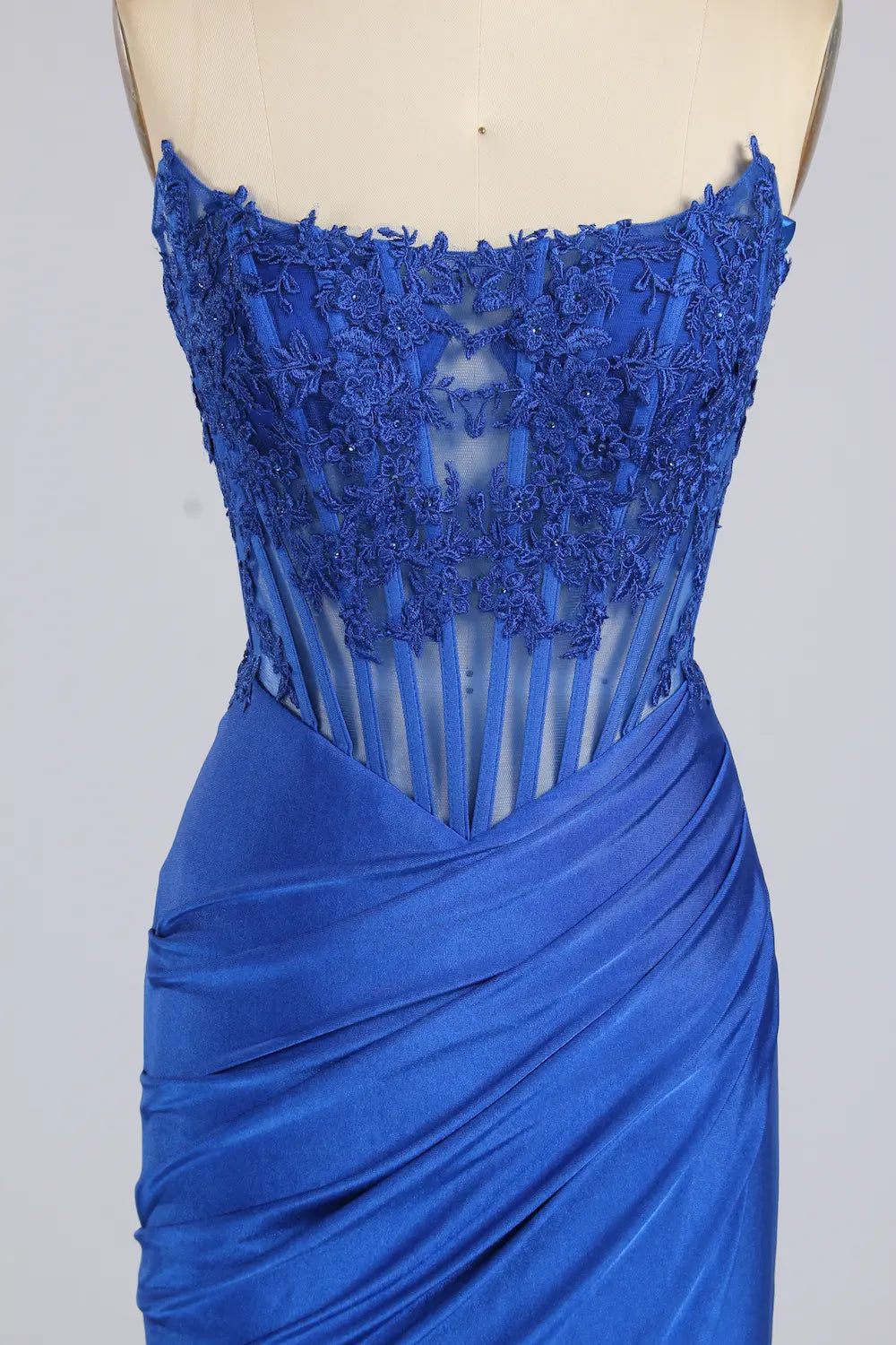 Royal blue plus-size formal dress with lace off-shoulder bodice and draped mermaid skirt