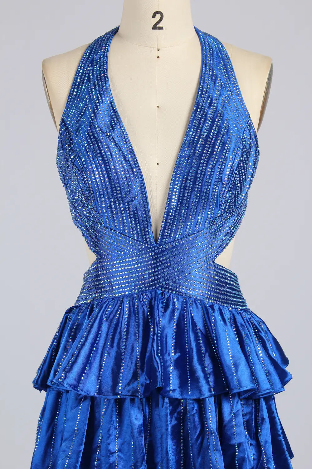 Royal blue sequined halter neckline and tiered ruffle bodice
