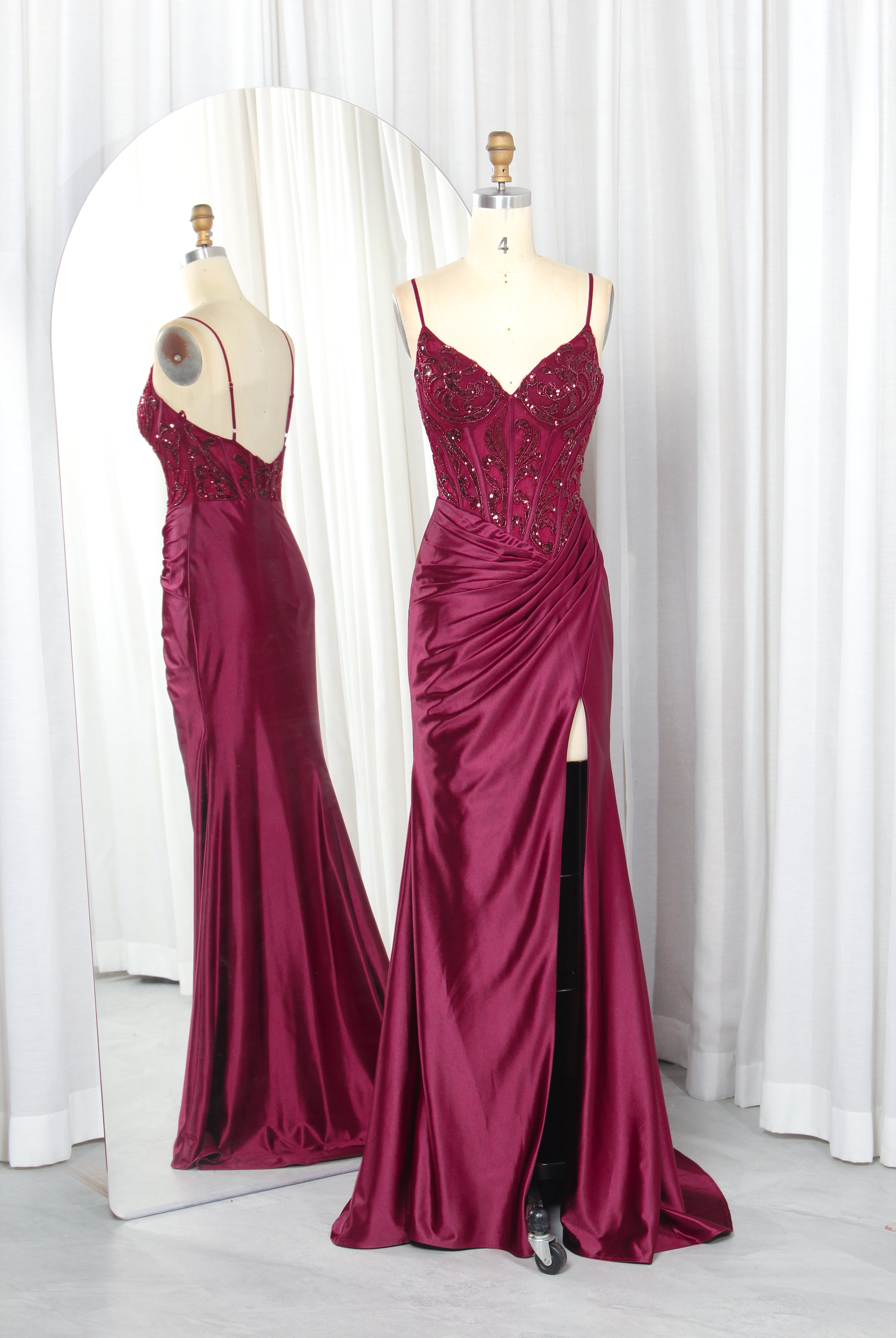 Satin Prom Dress with Beaded Bodice, Spaghetti Straps, Slit & Train – TFB6005