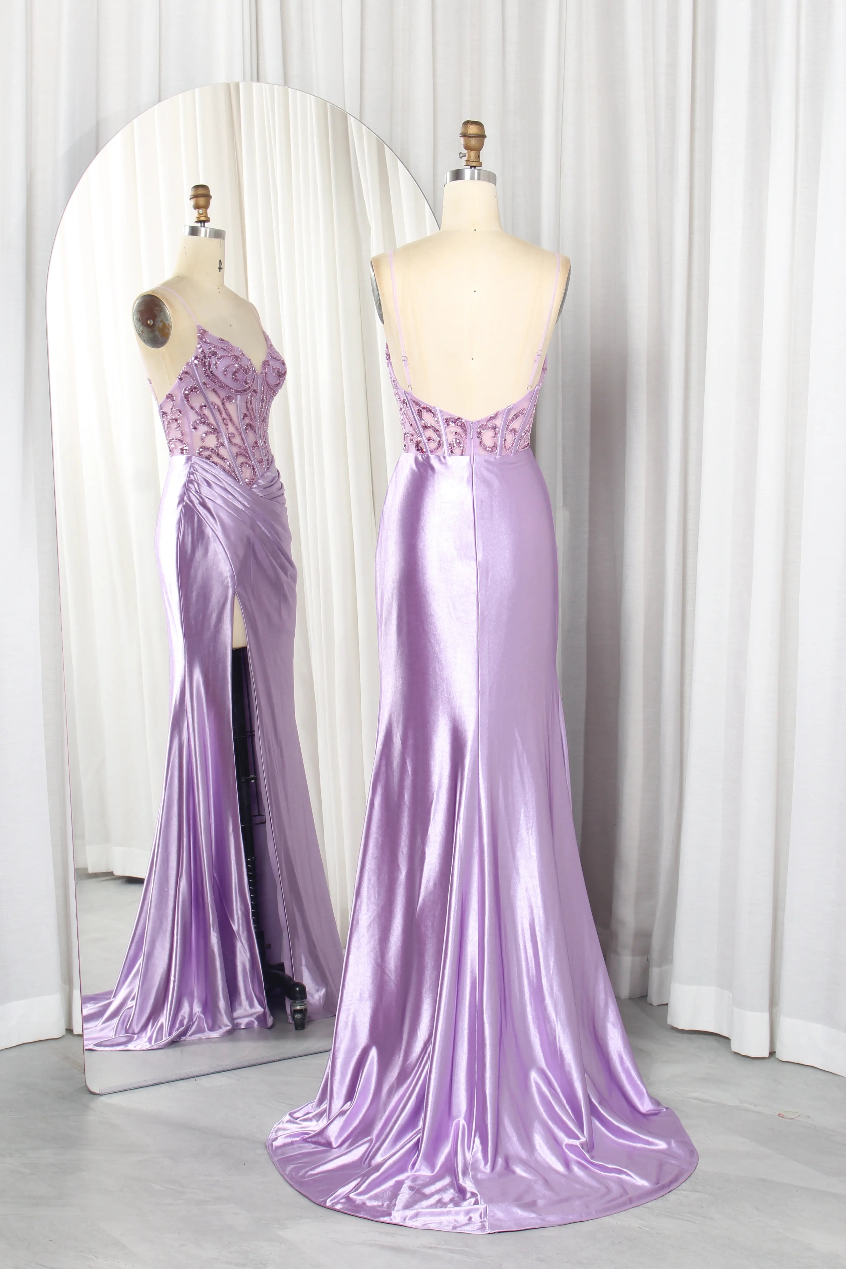 Lilac satin mermaid gown with beaded corset straps and front slit, mannequin view