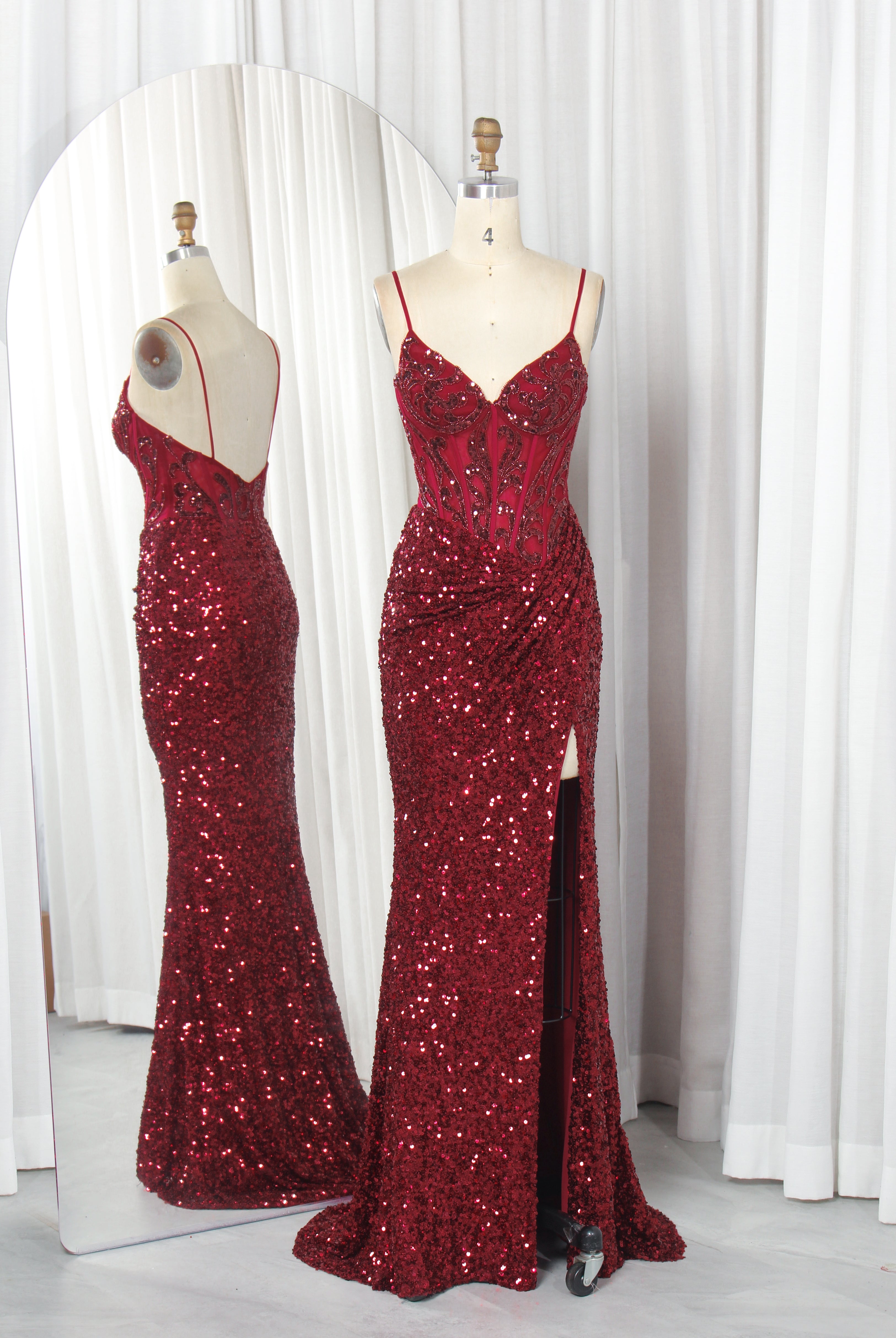 Sequin Satin Prom Dress with Beaded Bodice, Spaghetti Straps & Slit – TFB6010 Wine