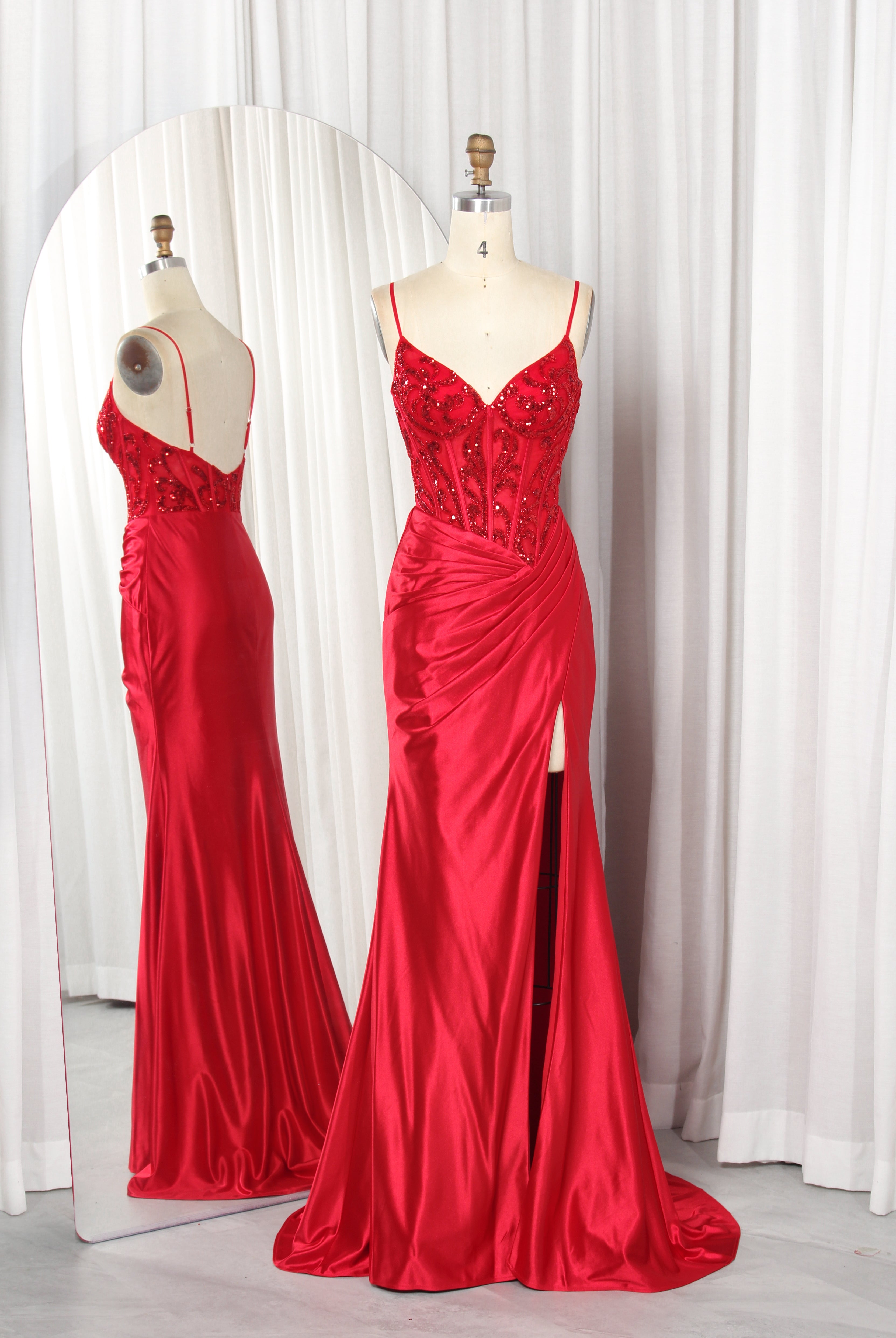 Satin Prom Dress with Beaded Bodice, Spaghetti Straps, Slit & Train – TFB6005
